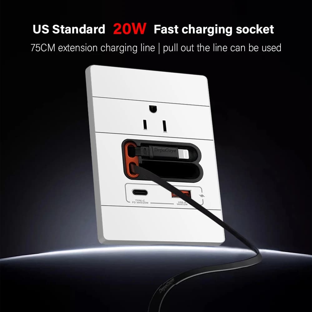 US Thai 20W USB Type-C Fast charging socket USB port C 120*79mm Universal smart wall adapter with double expandable charging cable