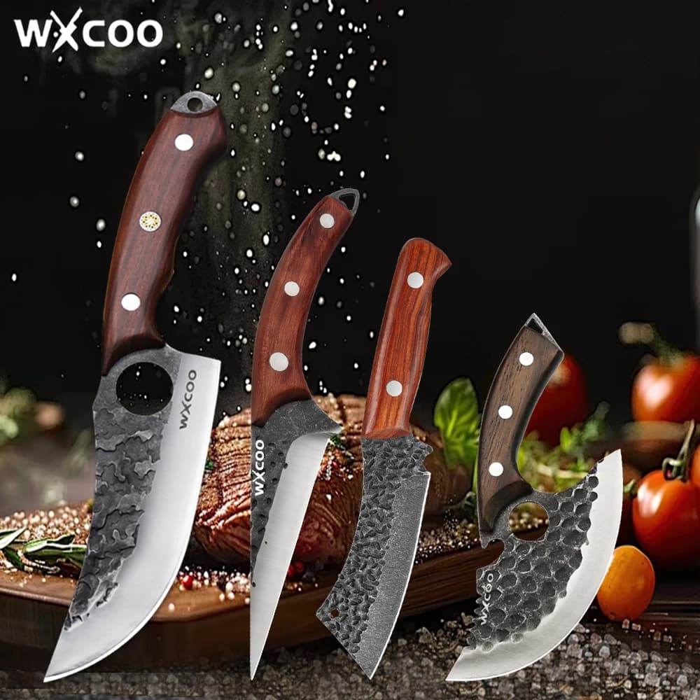 Coltello da Macellaio Forgiato per Disossare Carne, Coltello da Cucina per BBQ con Manico in Legno, Apribottiglie Multifunzione