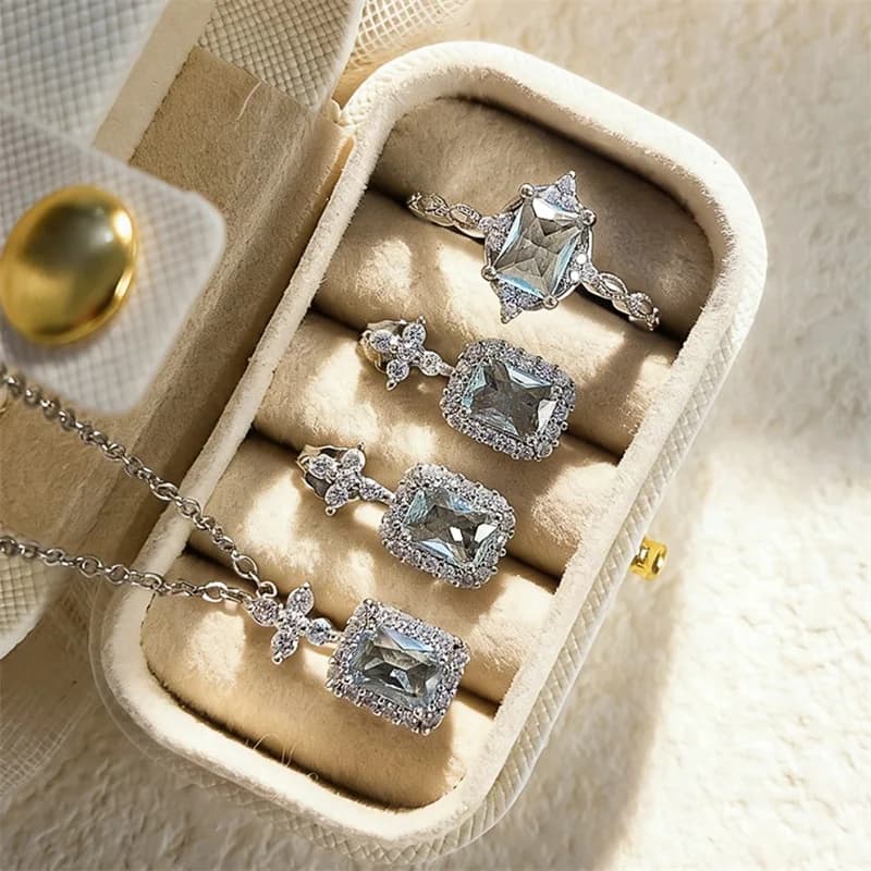 Huitan Elegant Light Blue CZ Jewelry Set for Women 3PCS Bridal Sets with Necklace Earrings Ring Classic Wedding Accessories Gift