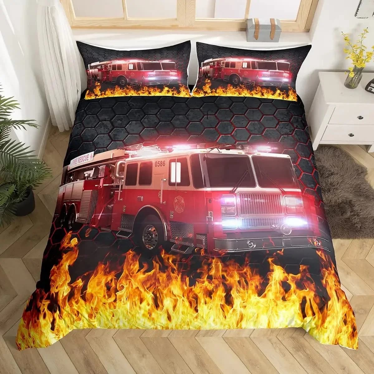 Set copripiumino per auto pompiere, set biancheria da letto per camion dei pompieri King, a nido d'ape e copripiumino antincendio Copripiumino per veicolo per vigili del fuoco