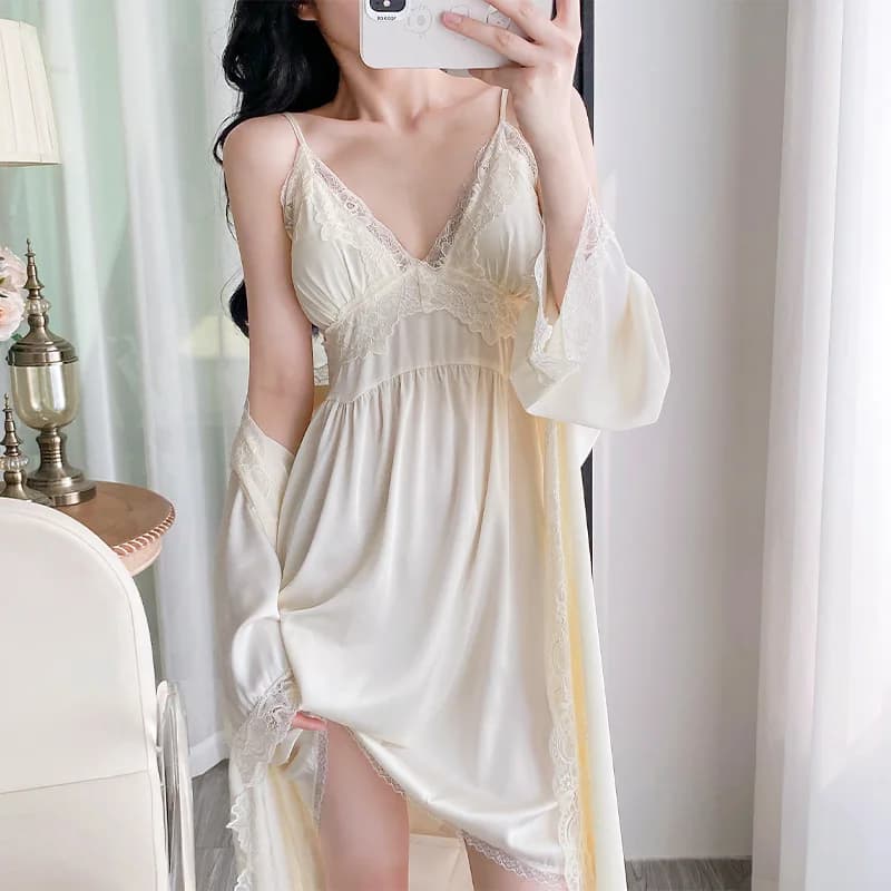 Set 2 Pieces Night Shirt and Satin Vigil with Lace, Women's Nightwear and Loungewear, Kimono, Watch, Summer, Lingerie