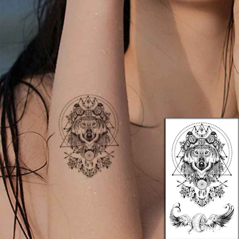 Geometric Wolf Dreamcatcher Temporary Tattoo Stickers Feather Wings Totem Fake Tattoos Waterproof Tatoos Arm Chest for Women Men