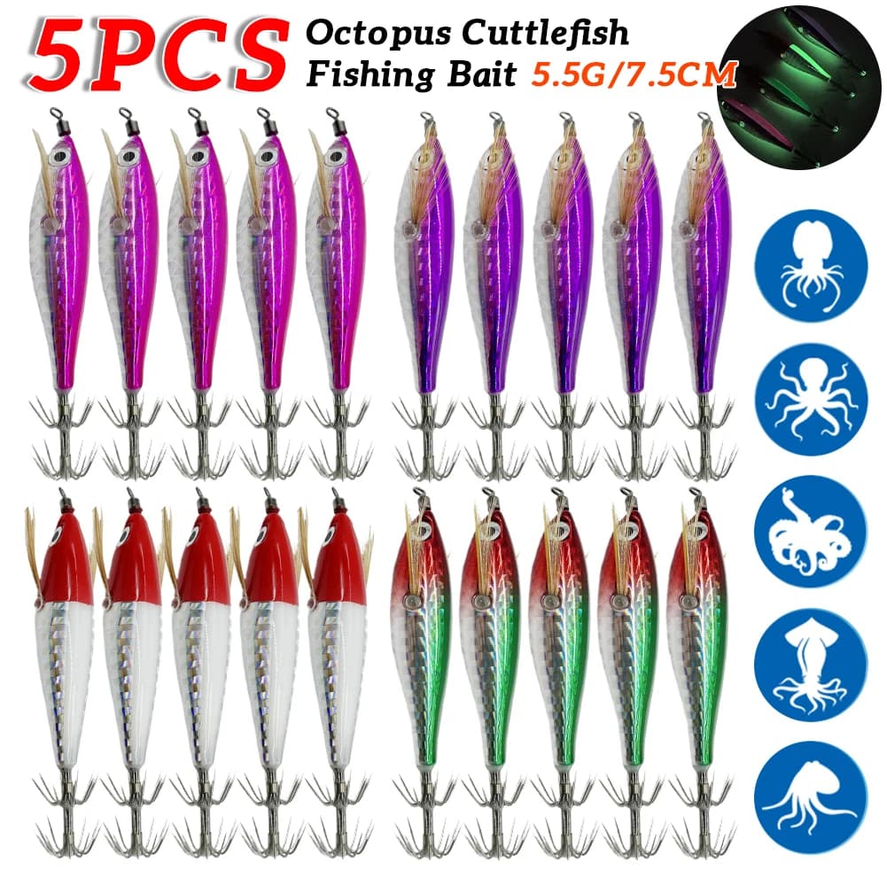 1-3 pz 5.5g laser luminoso galleggiante orizzontale legno gamberetti richiamo gancio attrezzatura da pesca simulazione calamari gancio seppie esche per pesci