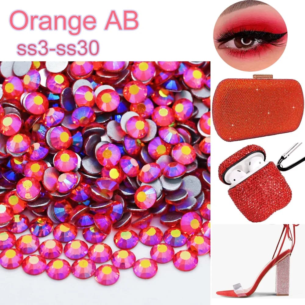 Strass arancioni AB SS3-SS30 non termoadesivi, pietre piatte argentate, cristalli per fai da te, decorazioni per unghie, nail art.