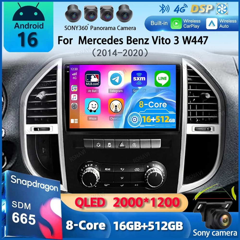 Android 15 Carplay Autoradio Per Mercedes Benz Vito 3 W447 2014 2015 - 2020 Navigazione GPS Lettore Multimediale WiFi + 4G Auto stereo