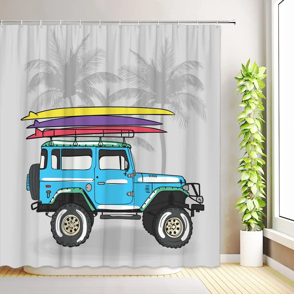 Tende da doccia per auto da campeggio da viaggio con palme tropicali, tavola da surf estiva oceano, camper da spiaggia, camper, fenicotteri, decorazioni per il bagno con ganci