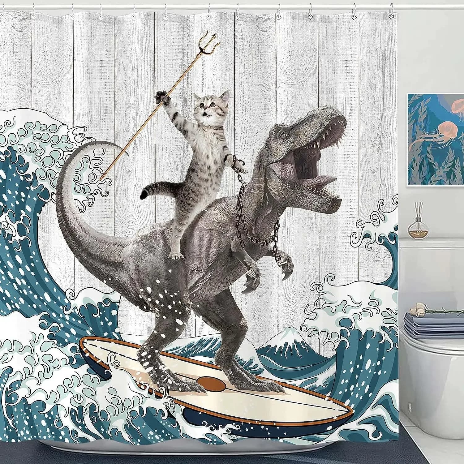 Tenda da doccia divertente Cat coraggioso Cartoon Tenda da doccia Onde Ocean Decor Set di tende da doccia in tessuto con ganci Decorazione del bagno