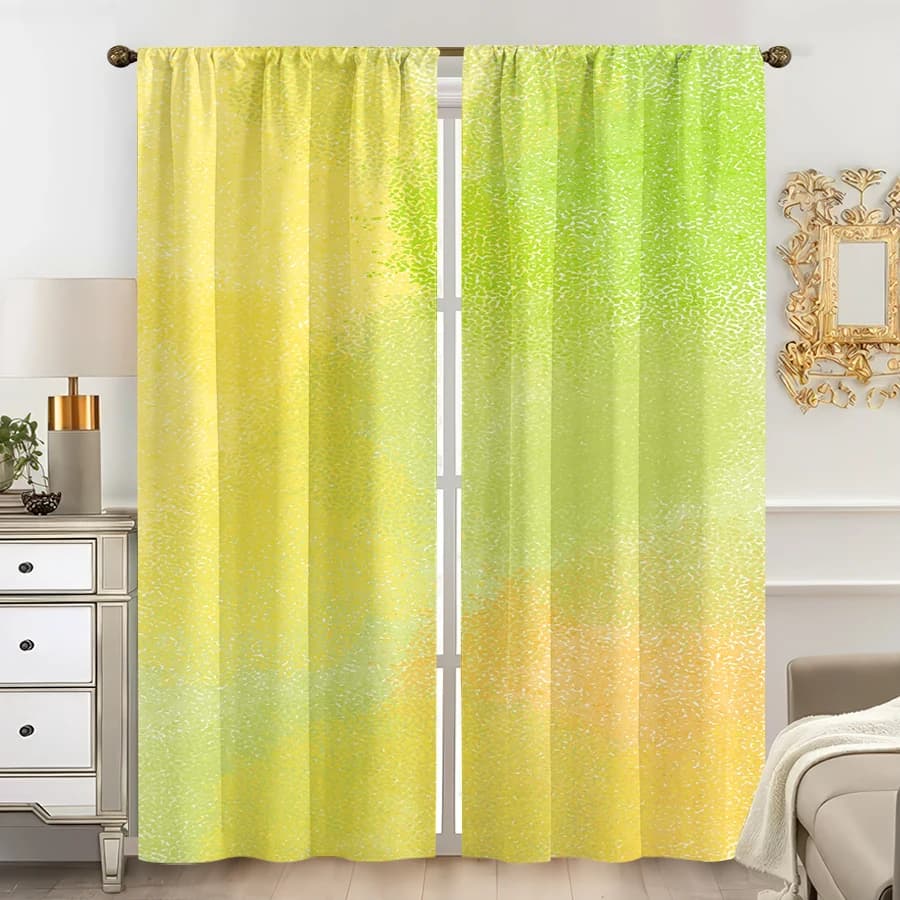 2PCS Multicolor Yellow Green Gradient Speckle Pattern Curtains Rod Pocket Design For Bedroom And Living Room