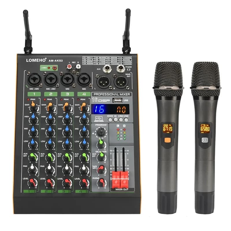 Mixer Audio Portatile DSP a 4 Canali con Sistema Audio, USB, BT, Alimentazione Phantom 48V, Microfono Wireless Integrato, Amplificatore per DJ