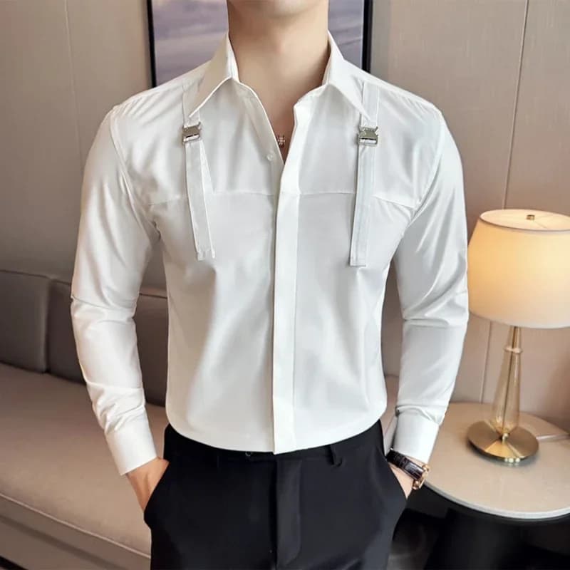 Camicia da uomo con cinturino decorativo Camicia da uomo a maniche lunghe Camicie eleganti da lavoro casual Camicetta da smoking per feste sociali Abbigliamento da uomo