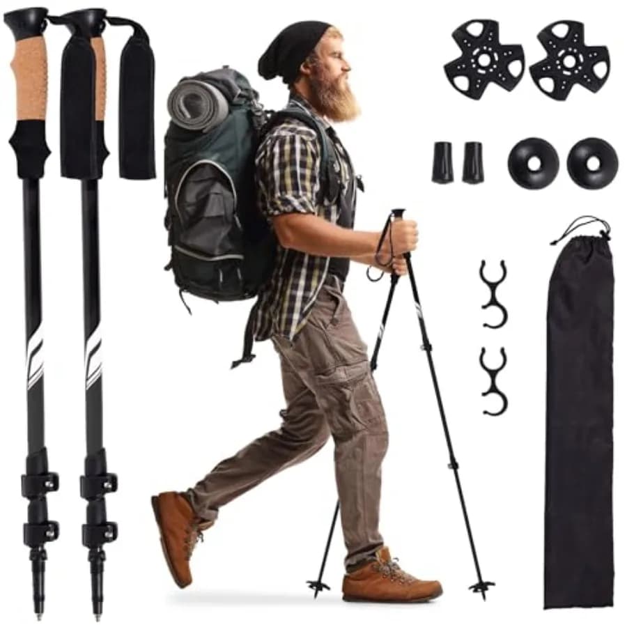 Trekking Poles for Hiking, Lightweight 7075 Aluminum Collapsible Walking Sticks with Cork Grips, Adjustable Height, Folding Hik