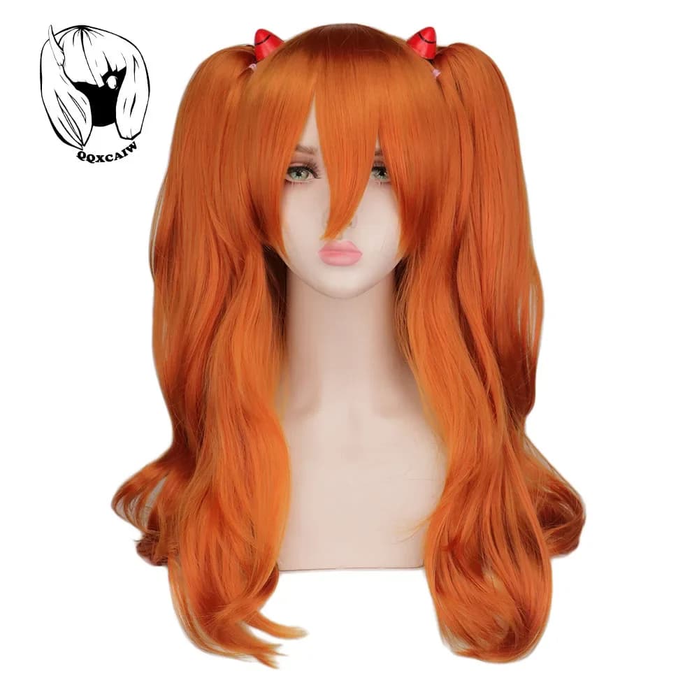QQXCAIW Cosplay Wigs Orange Lungs With 2 Clips for Horsetail Synthetic Wig Heat Resistant