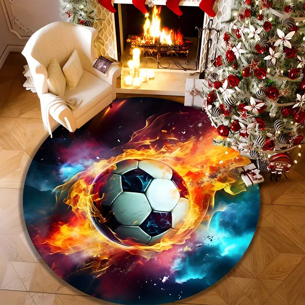 Fiery Soccer Ball Cosmic Nebula Sport Round Carpet, Washable Non-Slip Rug for Dorm Study Lounge Living Room Bedroom Home Decor