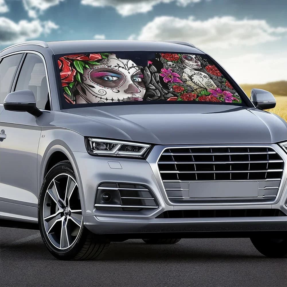 Day of The Dead Sugar Skull Parasole per auto Parabrezza Parasole per auto pieghevole per parabrezza Donna Accessori per ragazze Coperture