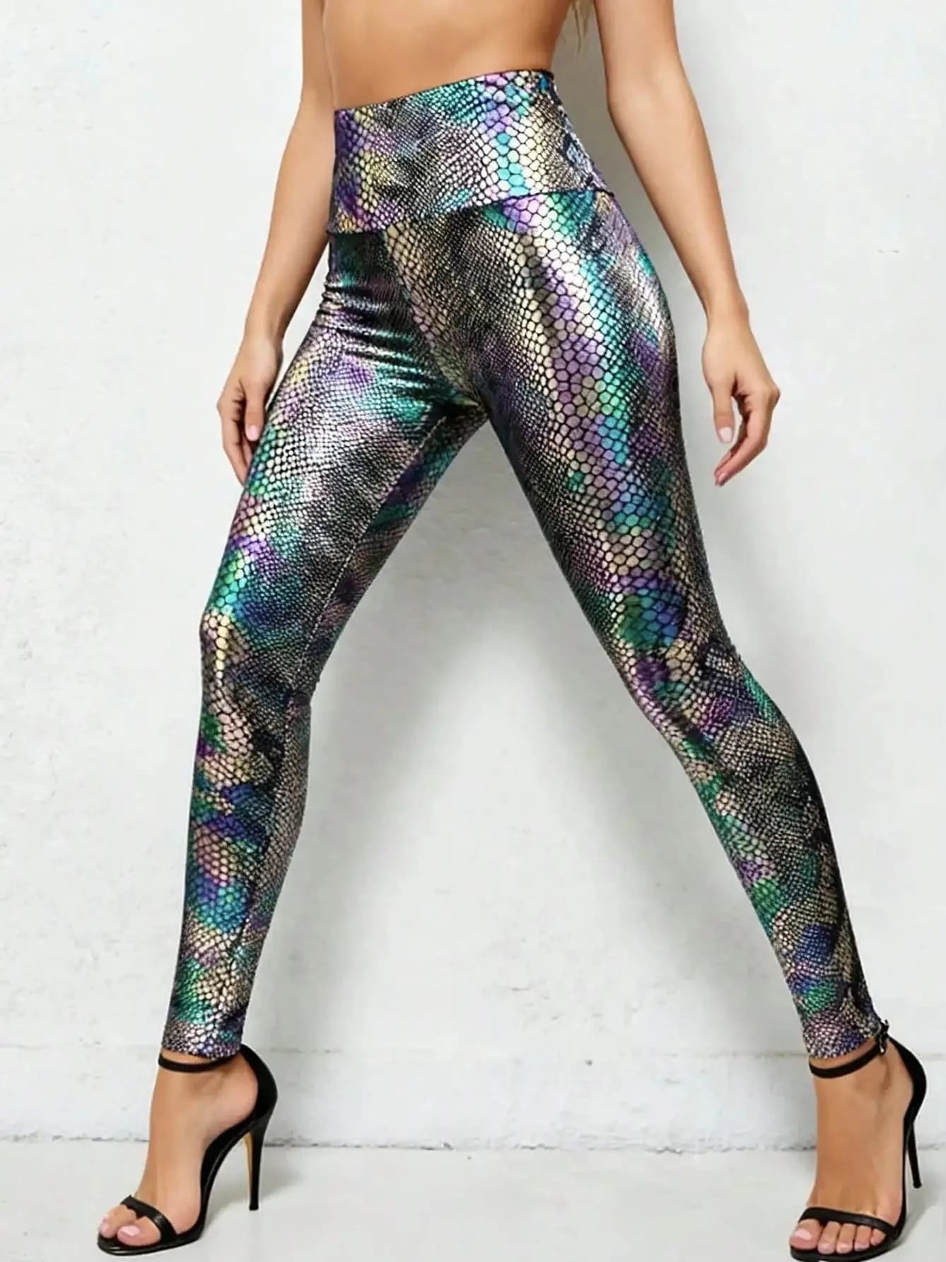 Leggings attillati con motivo a serpente, pantaloni casual a gamba dritta a vita alta da donna, in fibra di poliestere, non richiedono stiratura