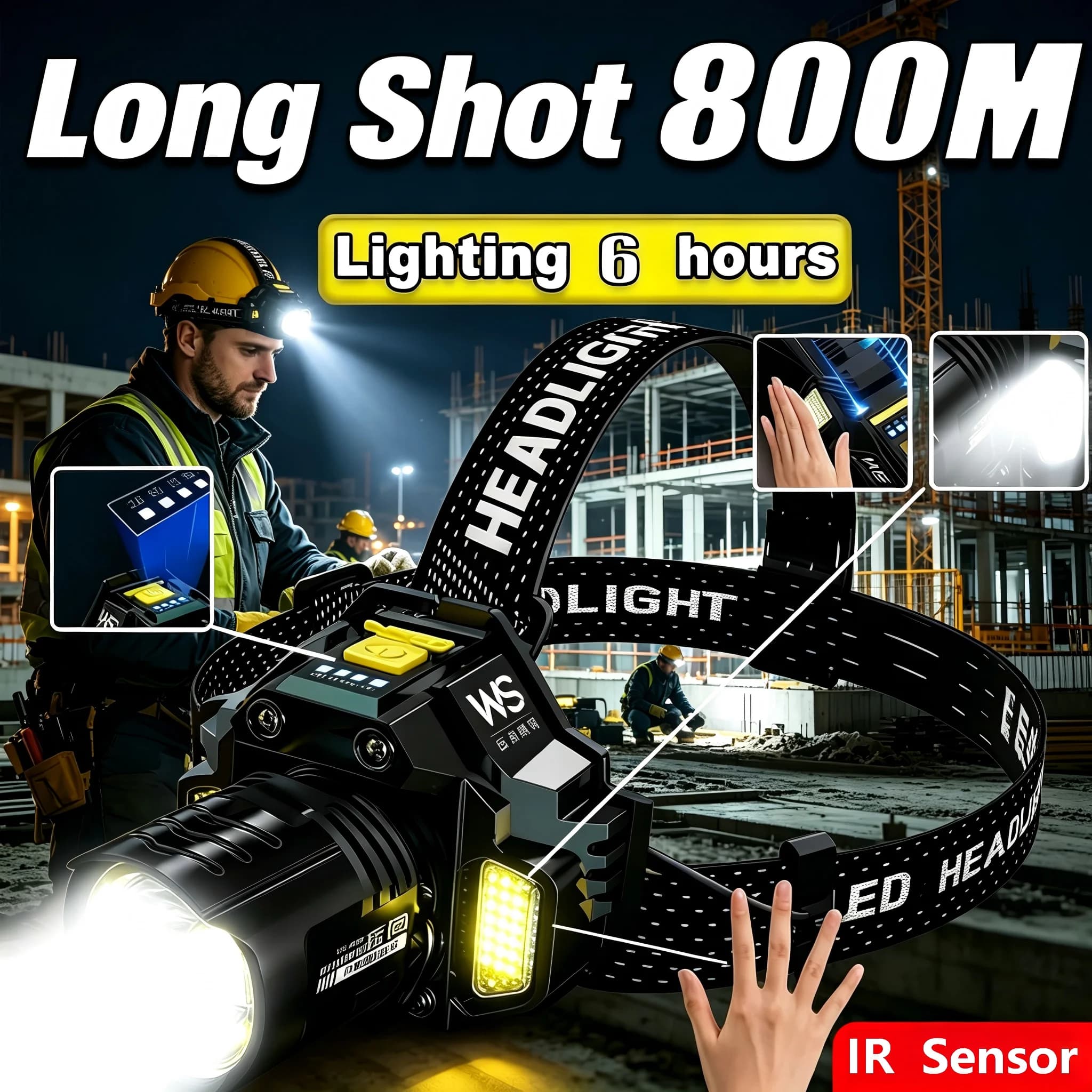Lampada Frontale Industriale, Faro LED Ricaricabile con Zoom Telescopico, Luce ad Alta Luminosità Impermeabile per Elmetti, per Lavori Pesanti