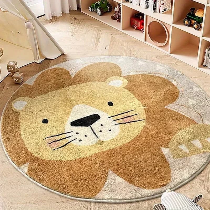 Round Living Room Mat with Leone Cartoon, Soft Bedroom Plush Mat, Home Decoration, Children's Mat and Gamer