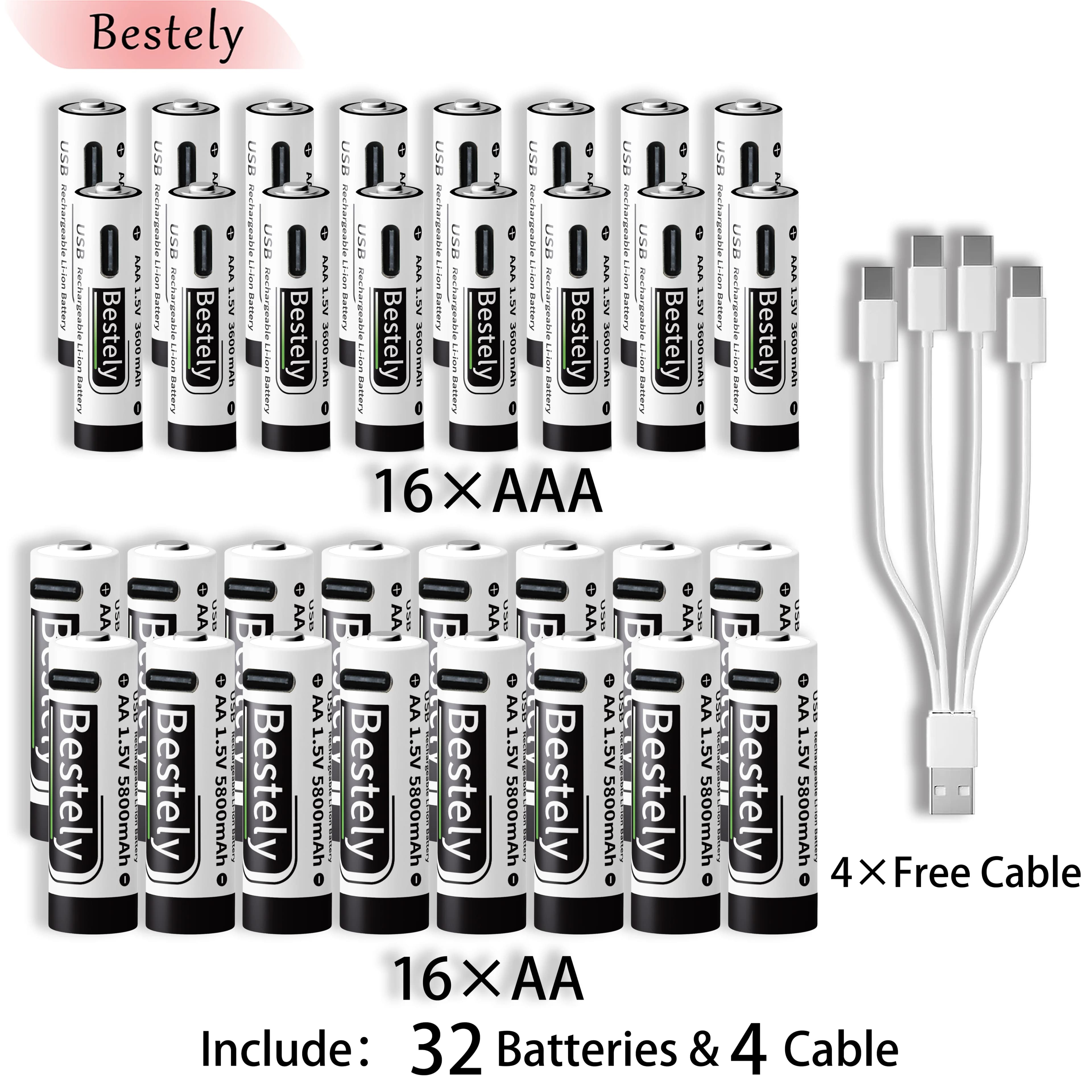 Batteria ricaricabile agli ioni di litio da 1,5 V AA 5800 mAh + AAA 3600 mAh Batteria agli ioni di litio a ricarica rapida Ciclo 2000 con cavo USB-C