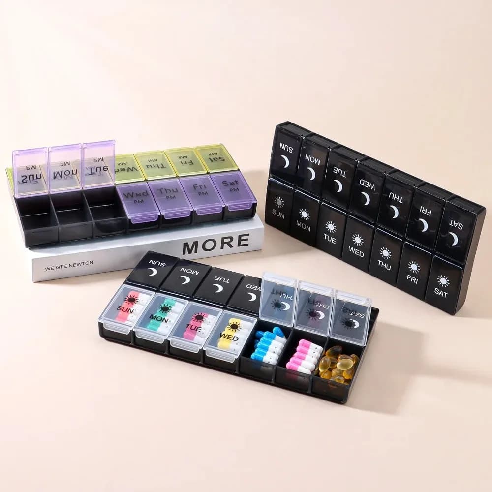 New Premium Portable Container for Weekly Pills, Large Organizer with 7 Days and 14 Departments for Medicine, Vitamins, Integrators and Fish Oils