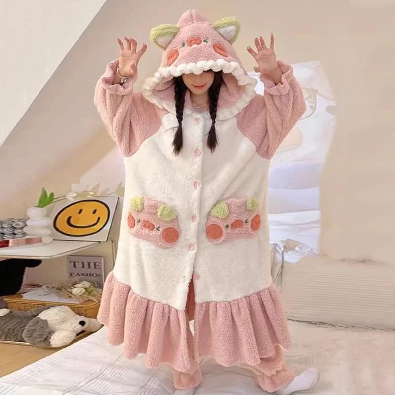 Lovely Piggy Pajamas Winter Robe Sleepwear Loungewear Homewear Bathrobe Comfortable Soft Warm Pajama Party Gift Present Kawaii