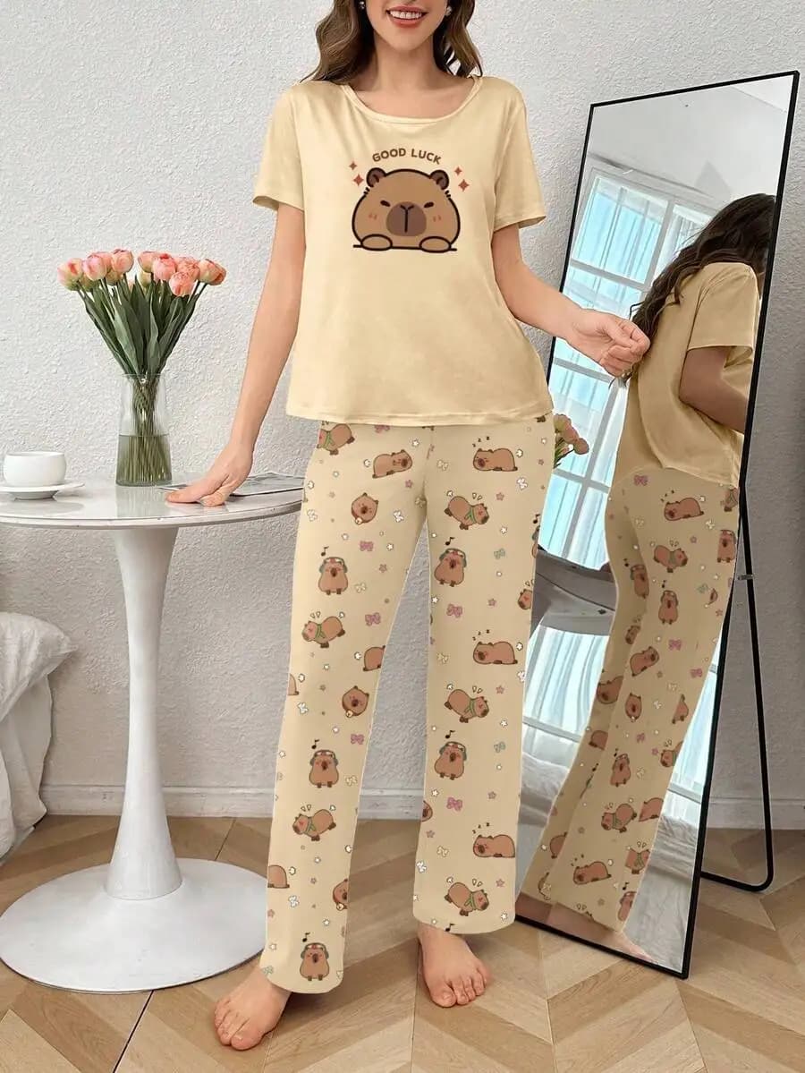 Set Pigiama Morbido in Maglia per Donna con Stampa di Capibara, Abbigliamento da Notte Comodo