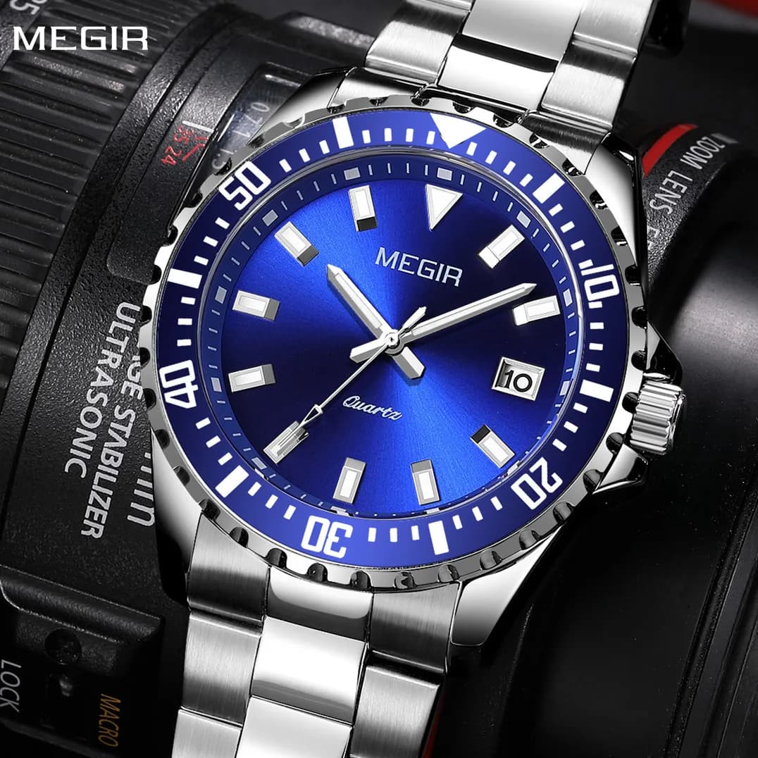 MEGIR Uomini di Affari Orologi di Lusso Bracciale In Acciaio Inox Orologio Da Polso Al Quarzo Calendario Orologio Quadrante Grande Relogio Masculino 2064AG