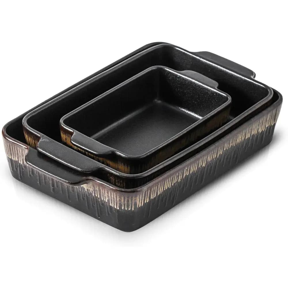 3-Piece Bakeware Set, 20x30 cm Casserole Pan, Cooking and Baking Dinnerware, Black Stripe Design