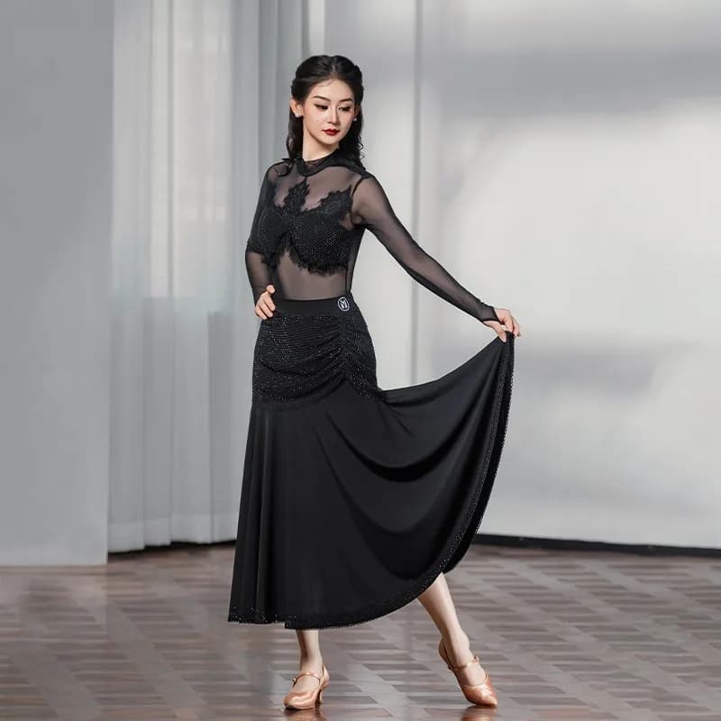 Abito da ballo moderno personalizzato Top in rete per valzer sociale con gonna a mezza lunghezza con pendolo di diamanti Abito latino Cha Cha Samba Tango Rumba