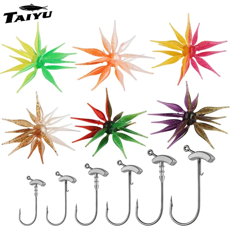 TAIYU 4pcs Coike Urchin Two-tone Bionics Fish Shaped Tentacle Tear-Resistant Elastomer Silicone Worm Lure With Special Hook