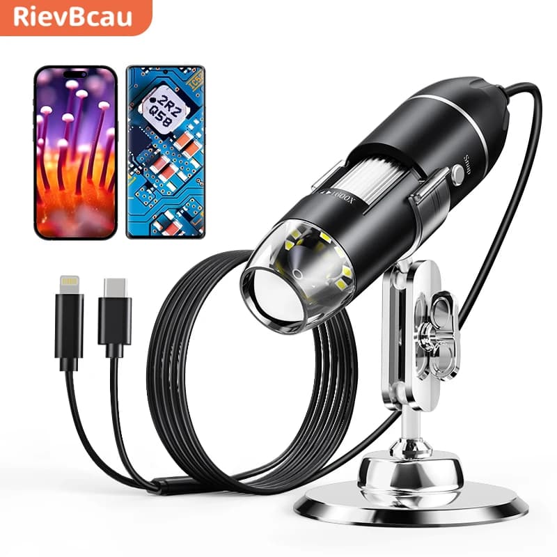 RIEVBCAU Microscopio USB Ingrandimento 1600X con 8 LED Mircorescope digitale Compatibile con iOS e Android Microscopio a moneta 1920P