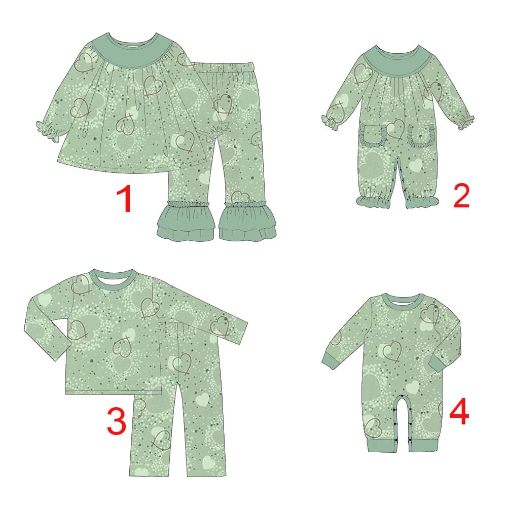 Completo per bambini a maniche lunghe e gamba lunga, serie verde con stampa a cuori, coordinato per maschietti/femminucce, tutina e set personalizzabile