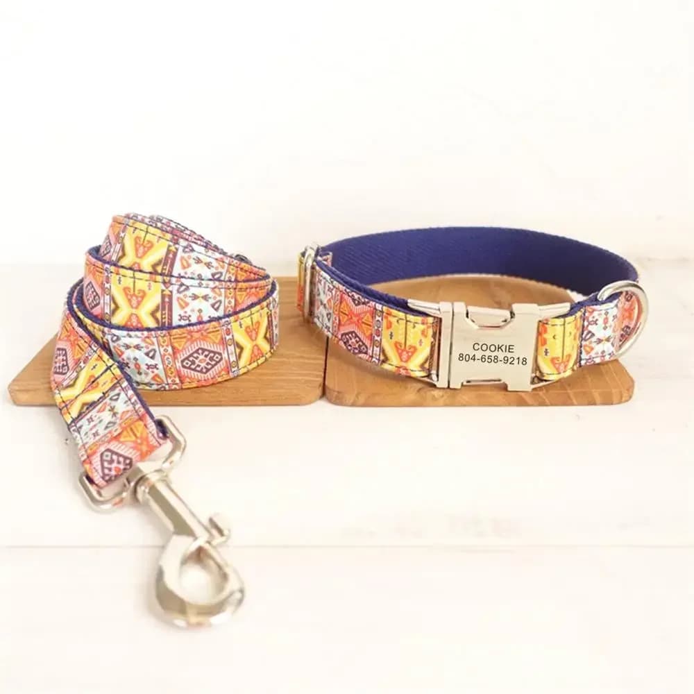 Collare per cani personalizzato, Guinzagli coordinati, Nome ID personalizzato Contatti Fibbia in metallo Collari per animali domestici con stampa etnica blu regolabile