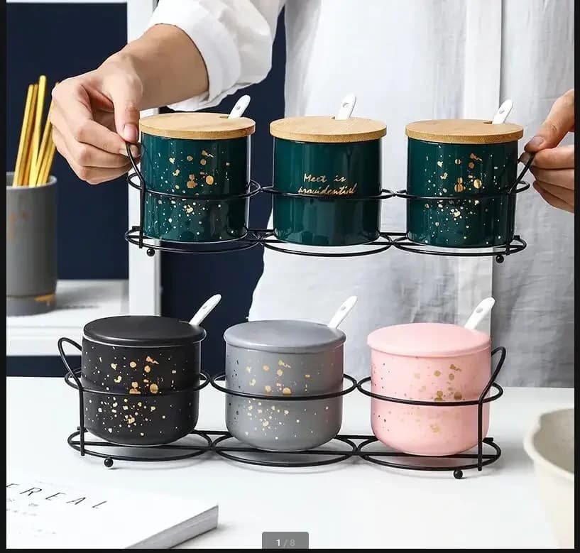 Ceramics Spice Jar Set Combination Home Use Kitchen Three-piece Spice Box with Metal Frame Salt Shaker Sugar Bowl Condiment Jar