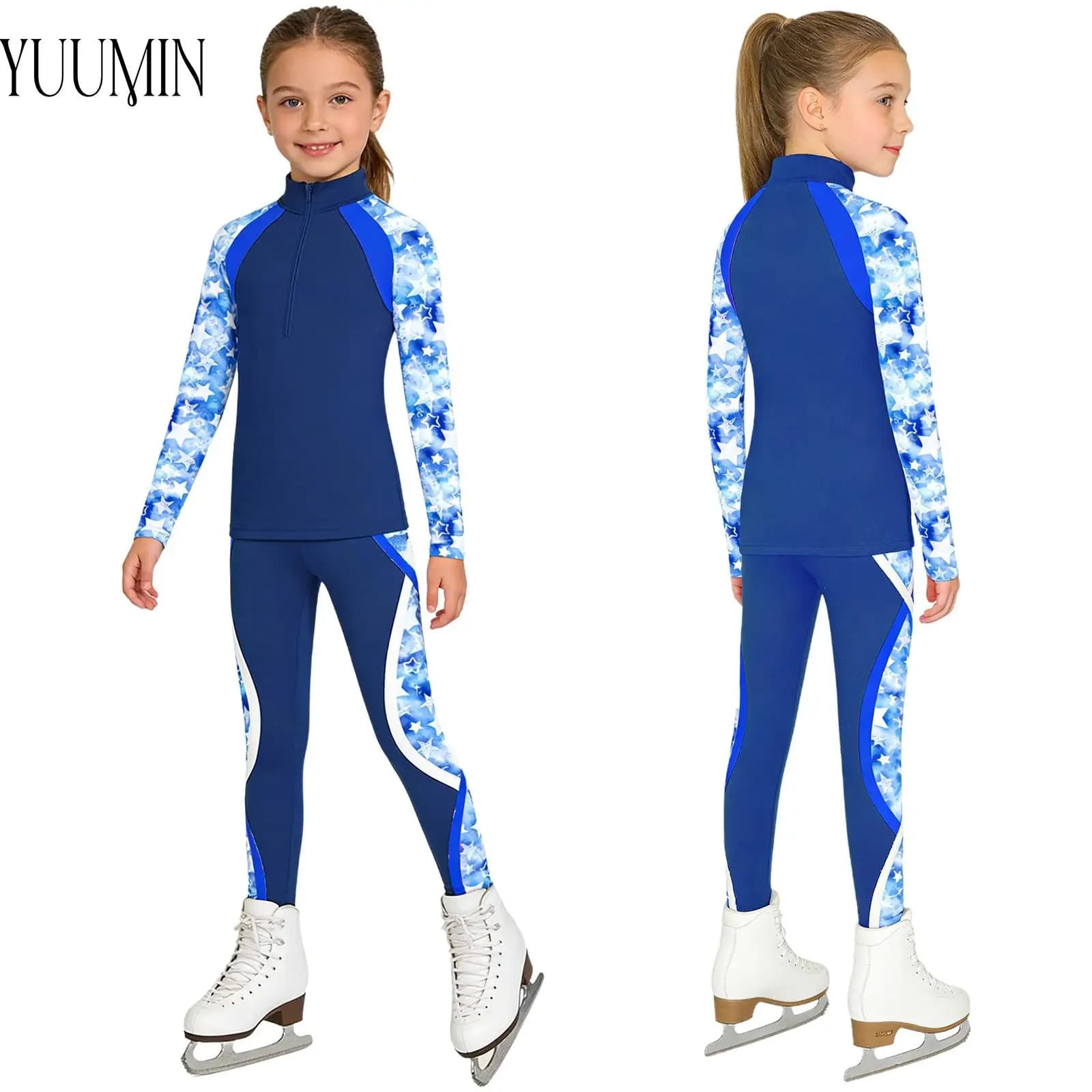 Completo da pattinaggio artistico per bambine, foderato in pile, con zip, maglia a maniche lunghe + pantaloni, set 2 pezzi per ginnastica, danza e balletto