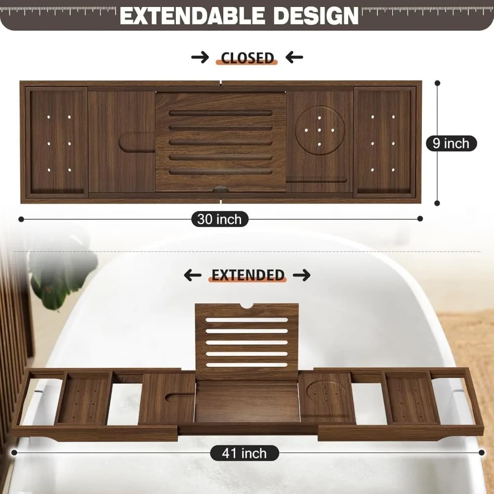 Vassoio da bagno espandibile in legno di teak con slot per telefono e portabicchiere da vino - Accessorio da bagno di lusso per gli amanti dello spa e i gif