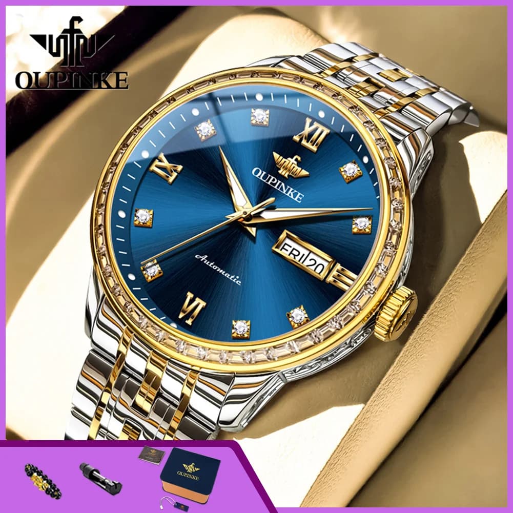 OUPINKE 3258 Orologio da Uomo con Diamanti Incastonati, Doppio Calendario, Lusso Semplice, Automatico Meccanico, Impermeabile, per Affari