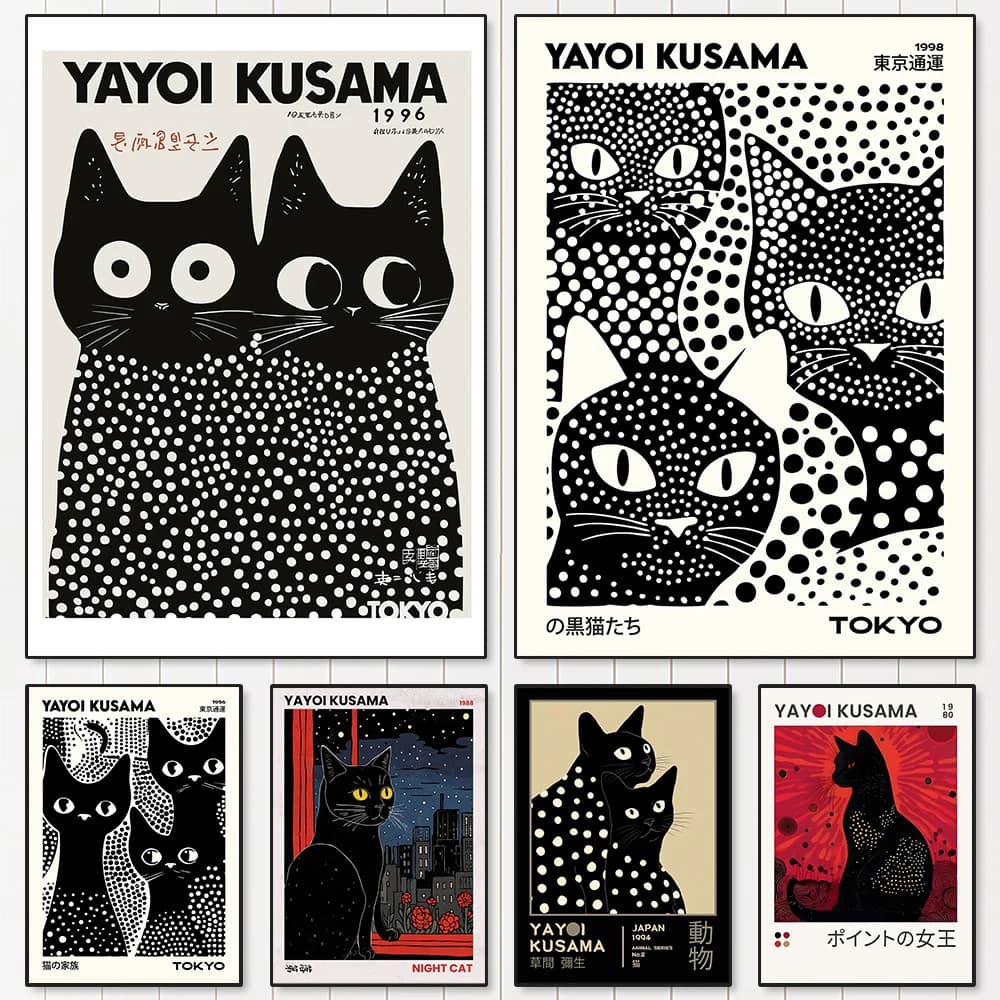 Yayoi Kusama Black Cats Series Quadro su tela senza cornice, moderno, astratto, vivace, con gatti neri a pois, per la decorazione del soggiorno