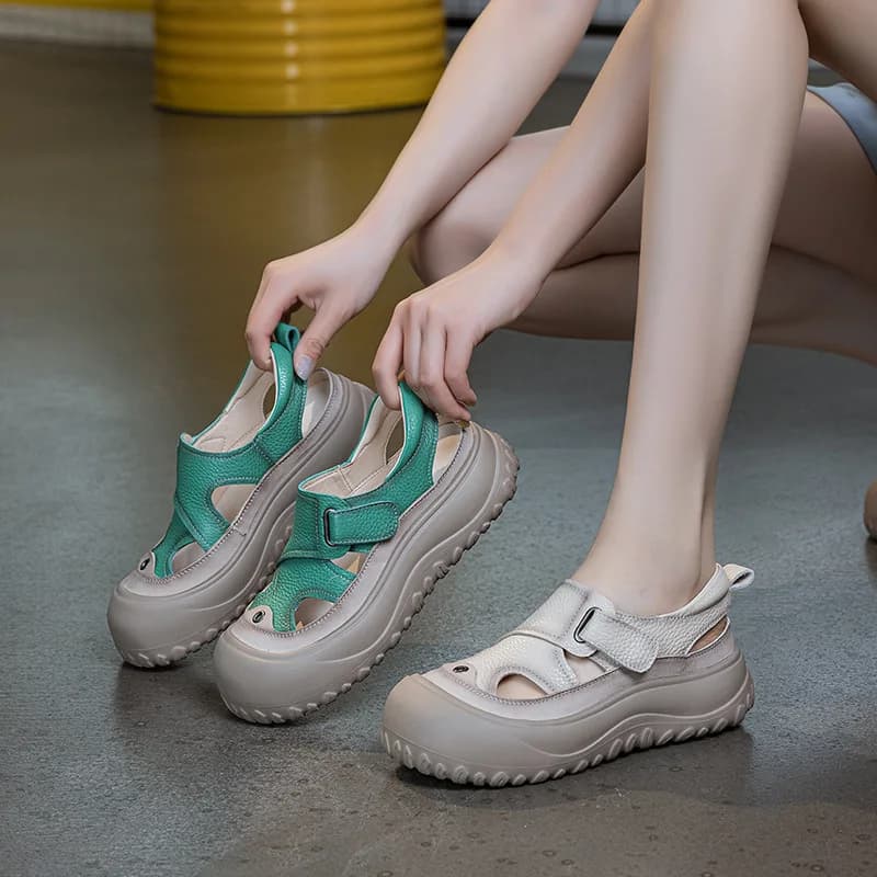 Genuine Leather Sandals Artistic Ugly Cute Big Head Shoes Thick Soled Muffin Soled Women's Shoes Woven Roman Shoes