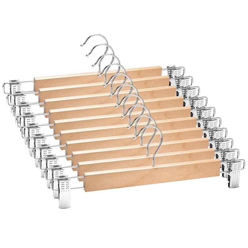 Confezione da 10 grucce per gonne in legno con clip regolabili Appendiabiti antiscivolo Finitura naturale Grucce per pantaloni in legno di loto 360 °