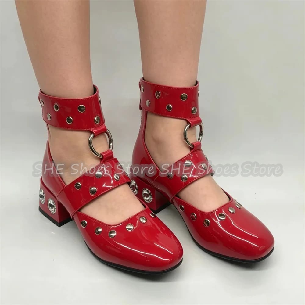 Punk Rivet Crystal Square Heel Mary Jane Pumps Women Ankle Strap Patent Leather Sandals Gothic Dress Party Club Ankle Boots