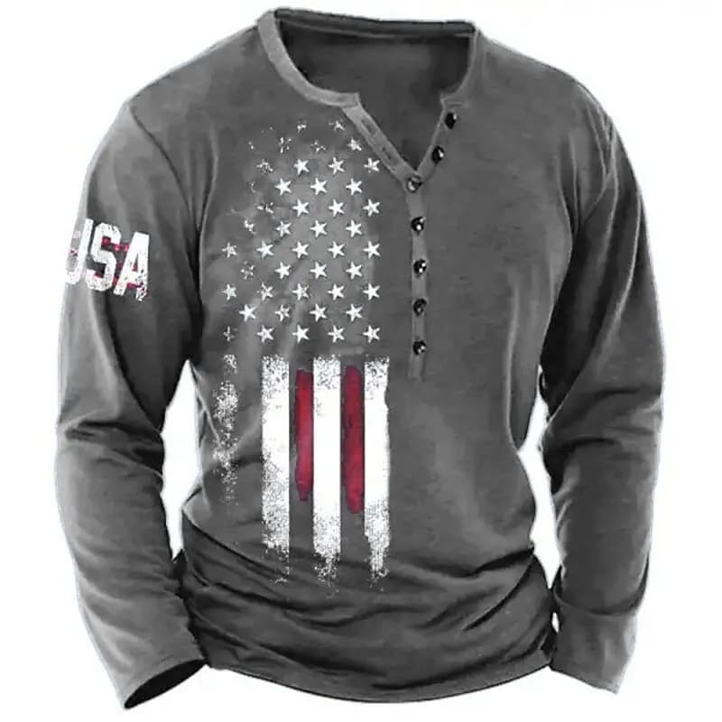 T-shirt vintage per uomo T-shirt grafiche bandiera americana T-shirt in cotone Stampa 3D Manica lunga con scollo a V T-shirt Abbigliamento da uomo oversize Top