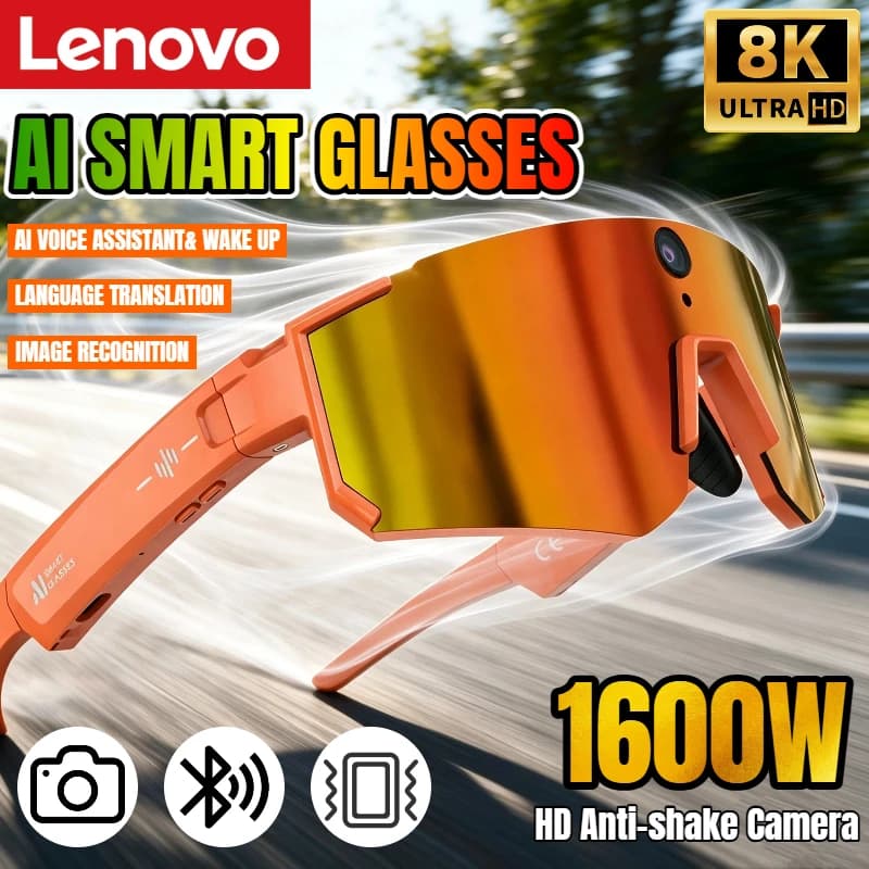 Lenovo AI Smart Glasses 1600W 8K HD Anti-shake Camera Cycling Photo&Video Sport Sunglasses Dual Mic 32GB Windproof Goggles 2026