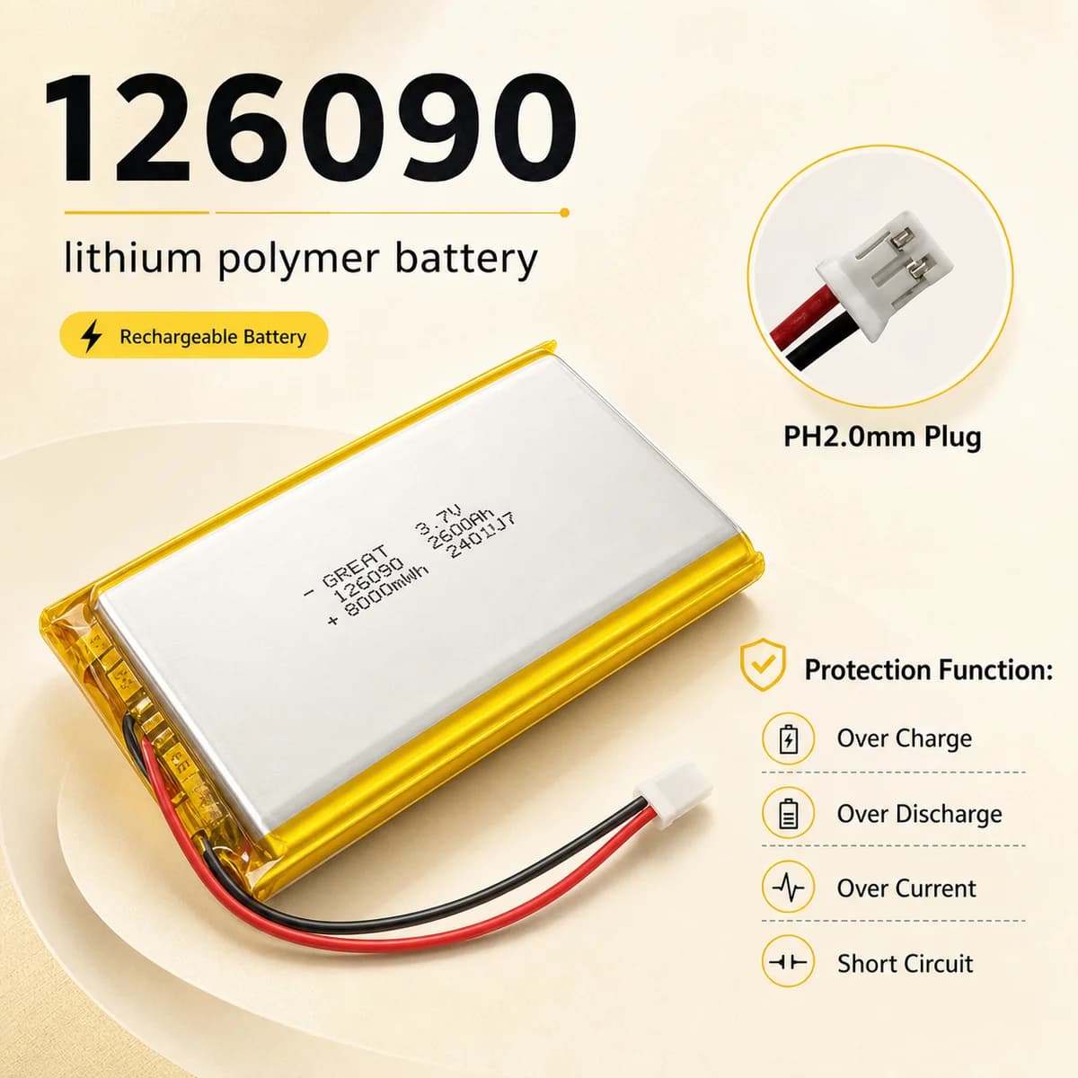 Rechargeable LiPo Battery 126090 3.7V 8000mAh Lithium Polymer Cell for Mobile Power Supply Humidifier Medical Equipment