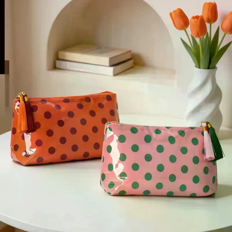 Retro Polka Dots PVC Cosmetic Bag Makeup Bag With Fringe And Zipper Waterproof Travel Toiletry Bag Makeup Brush Case