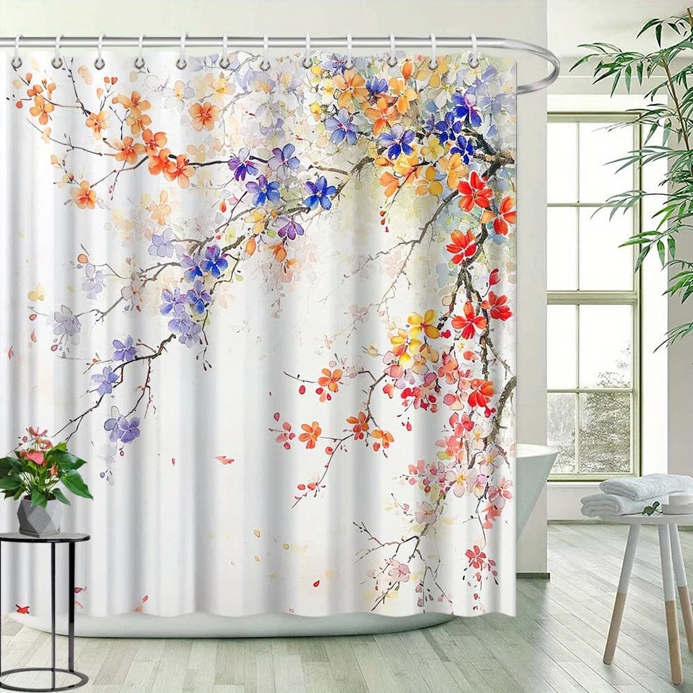 Tenda da doccia floreale ad acquerello: divisorio per vasca da bagno sospeso, aggiunge armonia naturale, arredamento per il bagno in poliestere, 12 ganci