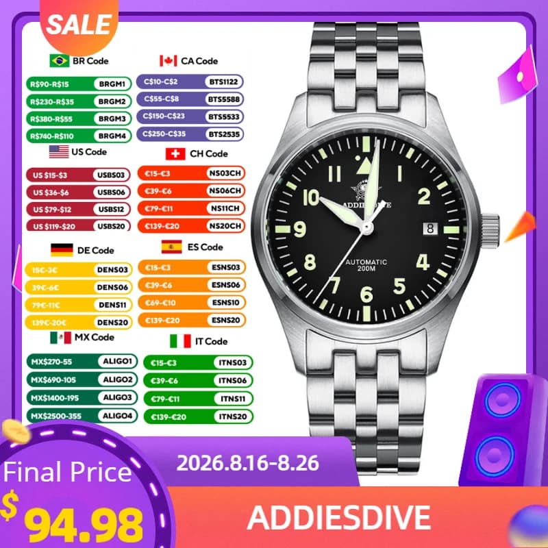 ADDIESDIVE NUOVI Orologi da uomo C3 Super Luminous 20Bar Impermeabile 316L Acciaio inossidabile Reloj Hombre AD2519 Orologio meccanico automatico