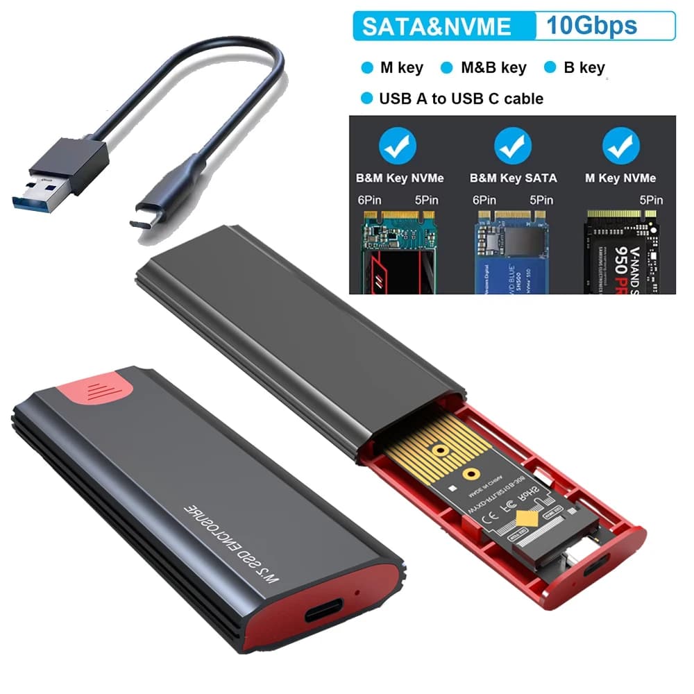 Custodia SSD M2 Adattatore per custodia SSD M.2 NVMe SATA 10 Gbps USB 3.2 Gen2 Custodia esterna USB C Supporta tasti M, B e B&M
