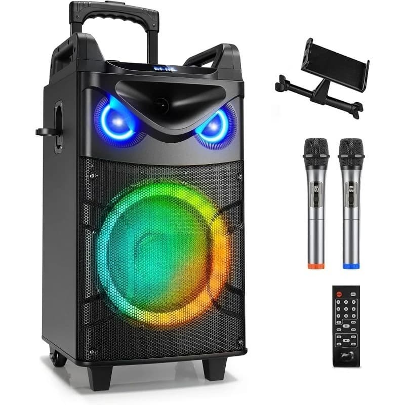 Macchina per karaoke, sistema PA Woofer da 12", altoparlante Bluetooth portatile con 2 microfoni wireless, luci per feste ed eco