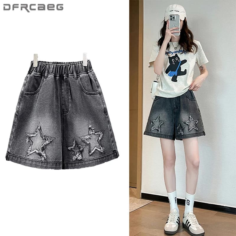 L-6XL Plus Size jeans shorts for women Summer 2025 Women's short wide-legged shorts wide-black high waist shorts large short jeans with woman's star