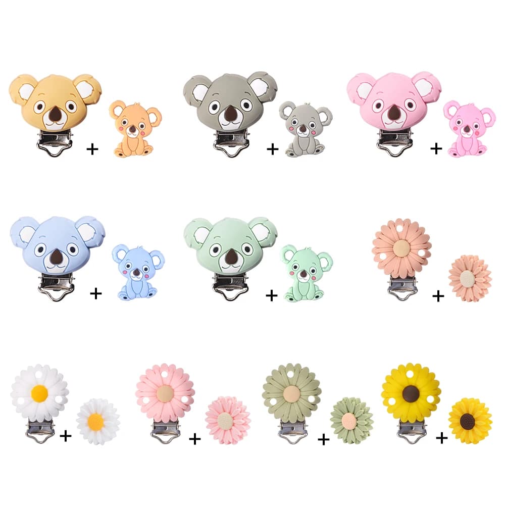 LOFCA 2 pezzi clip ciuccio in silicone margherita fiore koala perline animali dentizione porta succhietto accessori per l'alimentazione del bambino strumenti